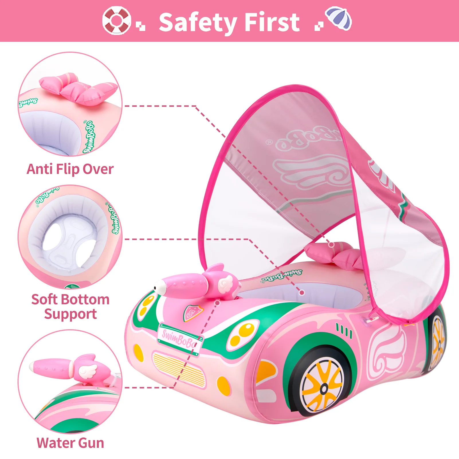 Swimbobo Pink Girl Kids Inflatable Children Swimming Seat Boat Floating Water Gun Toddler Water Toy Baby Ring Float With Canopy 5