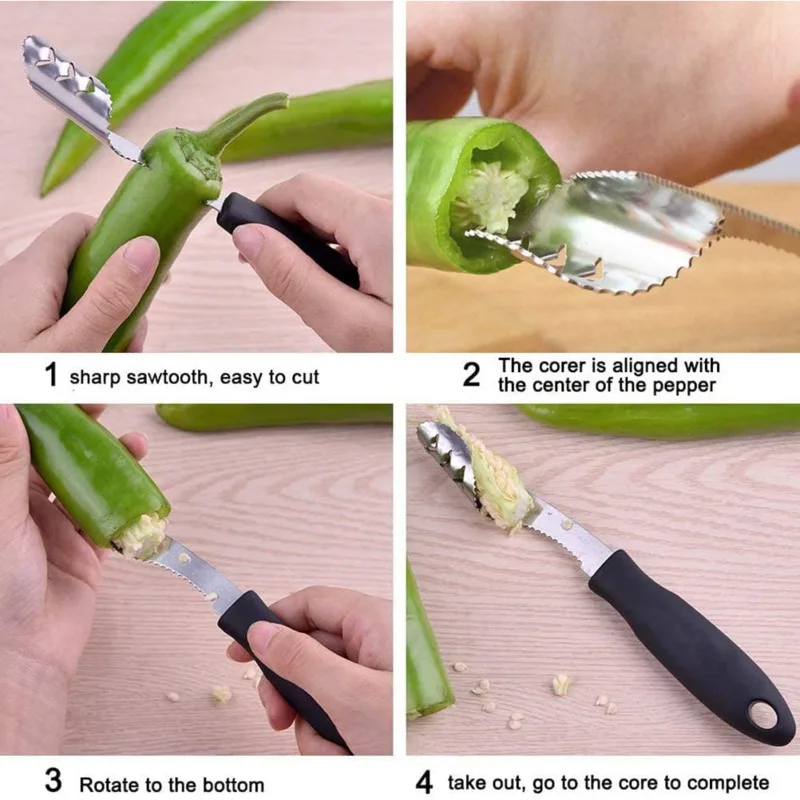 Jalapeno Pepper Corer Stainless Steel Chili Corer Remover kitchen Tool with Serrated Slice and Rubber Handle Easily Seed Remover