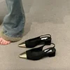 French Style Mary Jane High Heels Women's Black Gold Single Shoes Summer Trendy Hollow out Sandals Square Toe Mid Heel