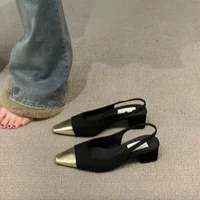 French Style Mary Jane High Heels Women's Black Gold Single Shoes Summer Trendy Hollow out Sandals Square Toe Mid Heel