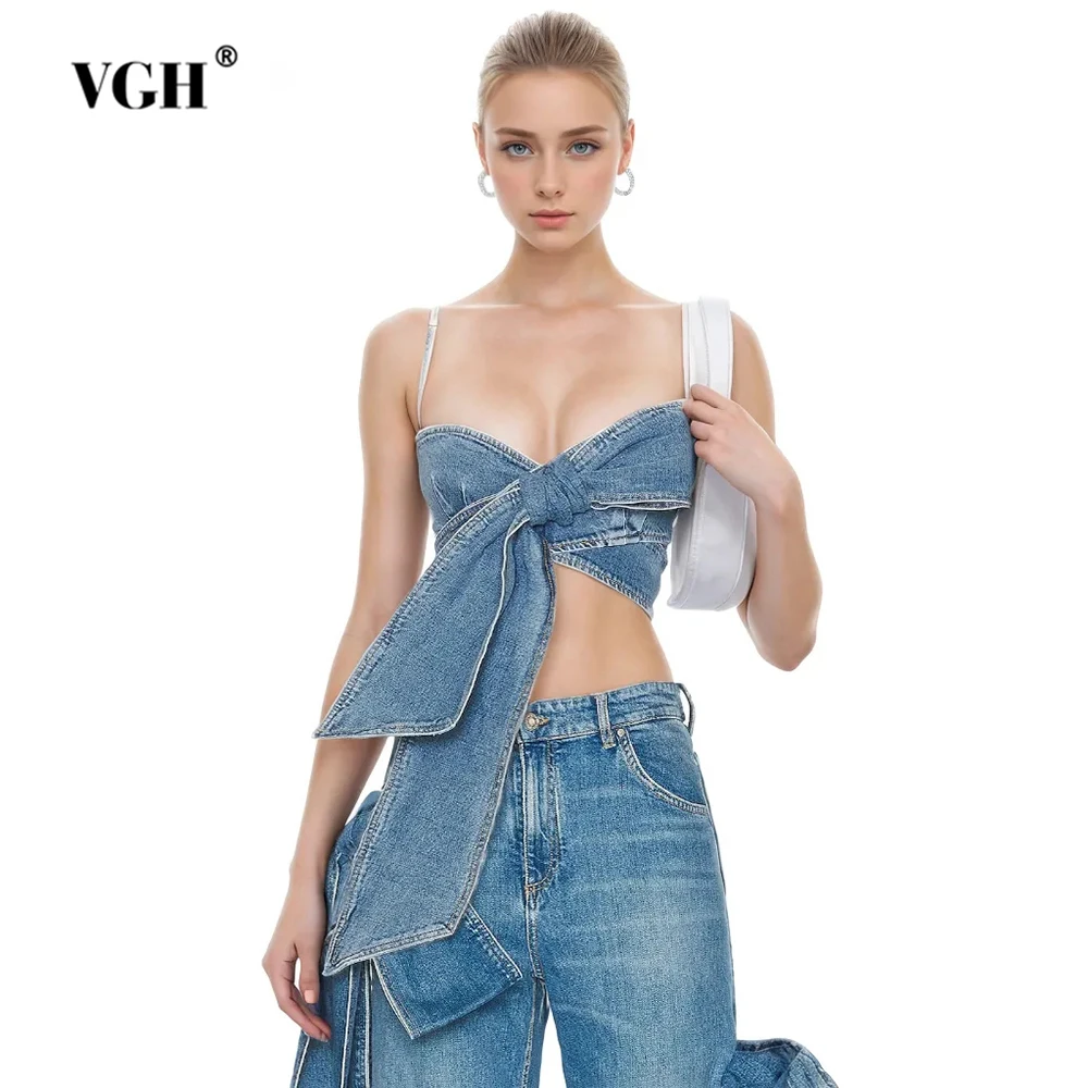 

VGH Solid Patchwork Bowknot Backless Denim Tank Tops Strapless Sleeveless Hollow Out Minimalist Slimming Vests Female Fashion