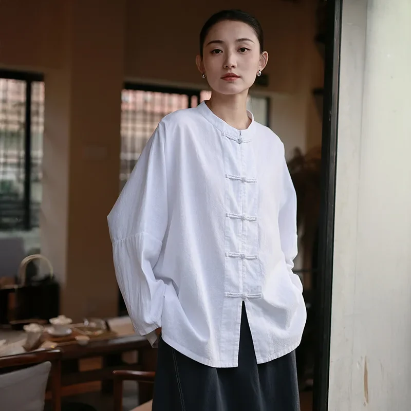 Chinese Style Cotton Mandarin Jacket Women Kung Fu Shirt Oversize Traditional Tops