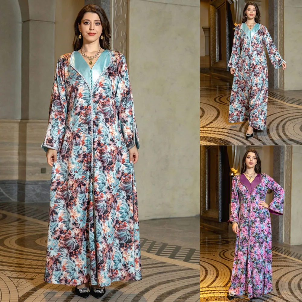 

Abayas For Women Saudi Arabia Elegant Floral Print Long Dresses Diamonds V-Neck Kaftan Dubai Luxury Eid Ramadan Islamic Clothes