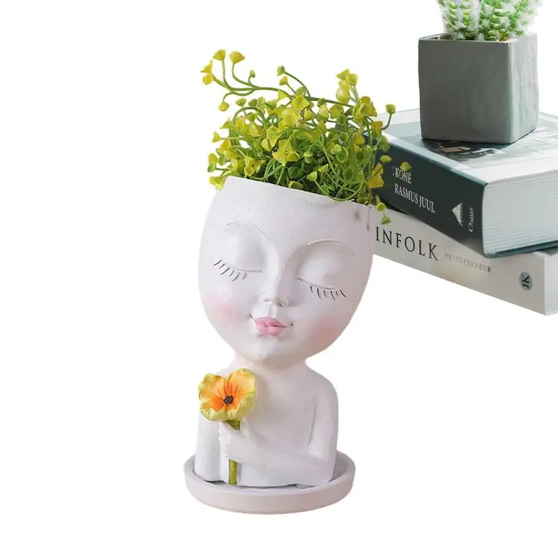 

Cat Girls Resin Face Flower Pot Head Flower Pot Succulent Planter Suitable Home Bedroom Garden Decor Vase With Drainage Hole