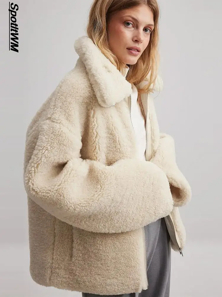

Thickened Faux Fur Lambwool Jackets for Women Fashion Fleece Lapel Zipper Long Sleeved Warm Coat 2023 Winter Female Streetwear