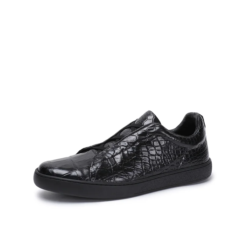 

Authentic Real Crocodile Skin Pure Black Color Men Casual Board Shoes Genuine Alligator Leather Male Elastic Band Outdoor Flats