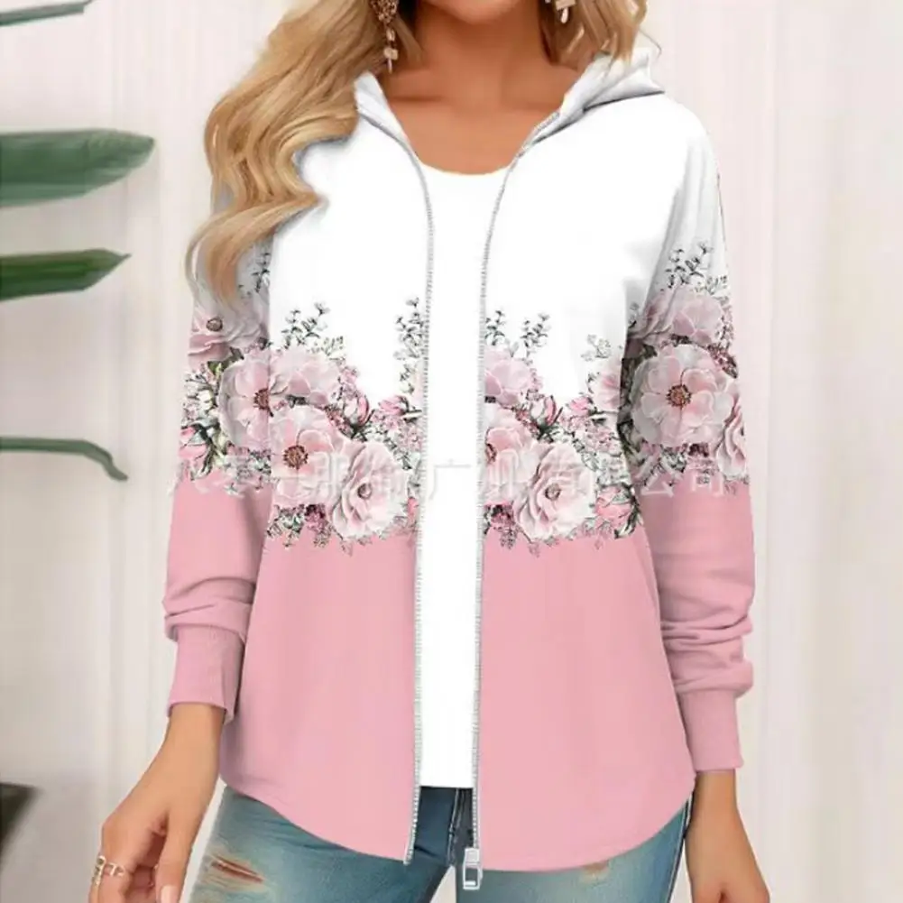 

Теплая толстовка с капюшоном и цветочным принтом, теплая стильная куртка для женщин с застежкой-молнией и кулиской на осень, зиму, весну для женщин
