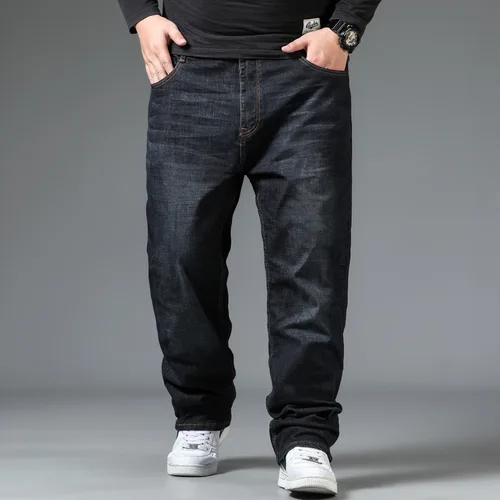 남성용 대형 청바지, 탄성 밴드, 빅 10XL, 오버사이즈, 하이 웨이스트, 넉넉한 바지, 남편용 플러스 사이즈, 빅사이즈, 팻, 루즈 블랙 남성 데님 바지 3