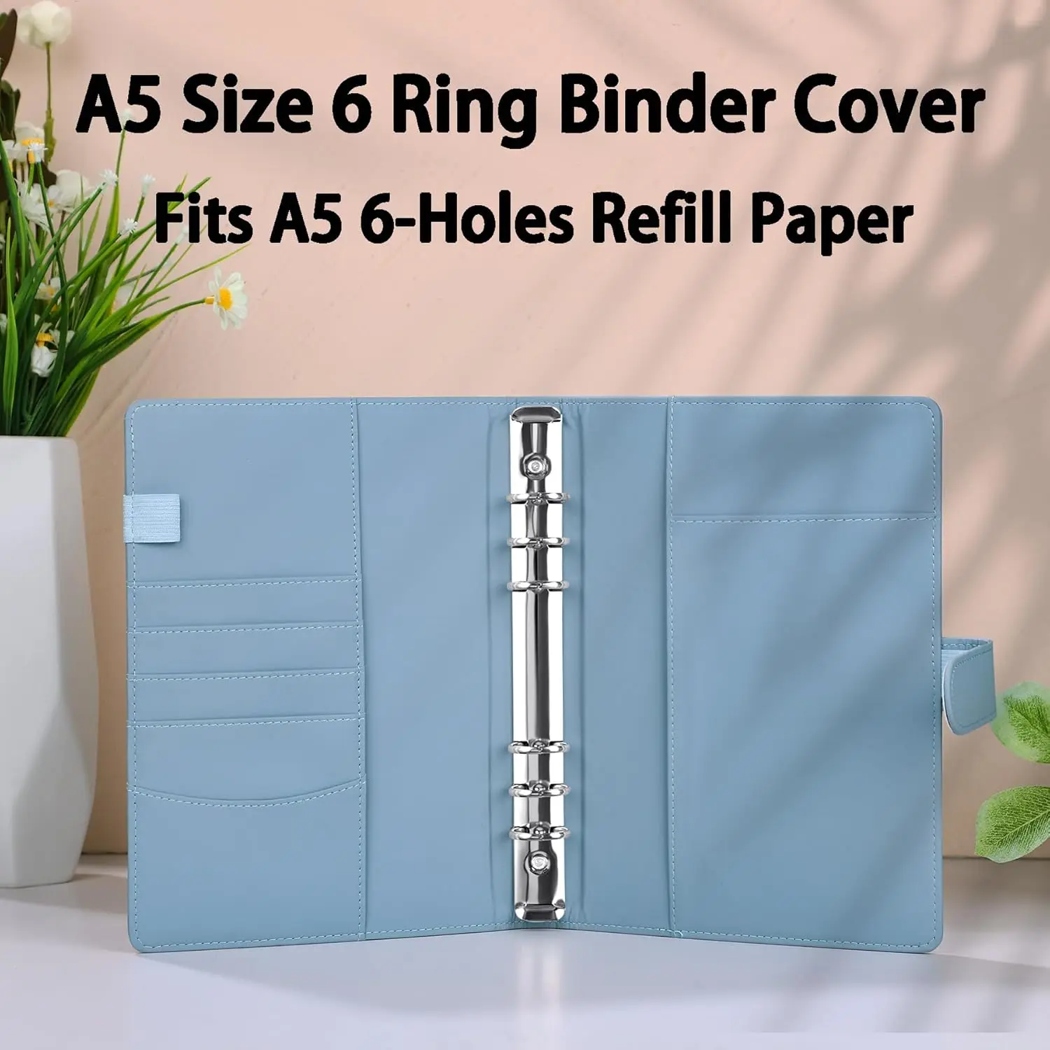 Compact PU Leather Binder Wallet with Magnetic Closure, Refillable 6-Ring Planner Cover