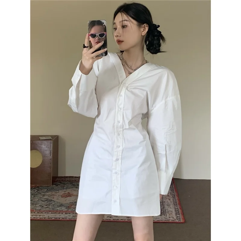 

Versatile design sweet v-neck waist long-sleeved shirt dress