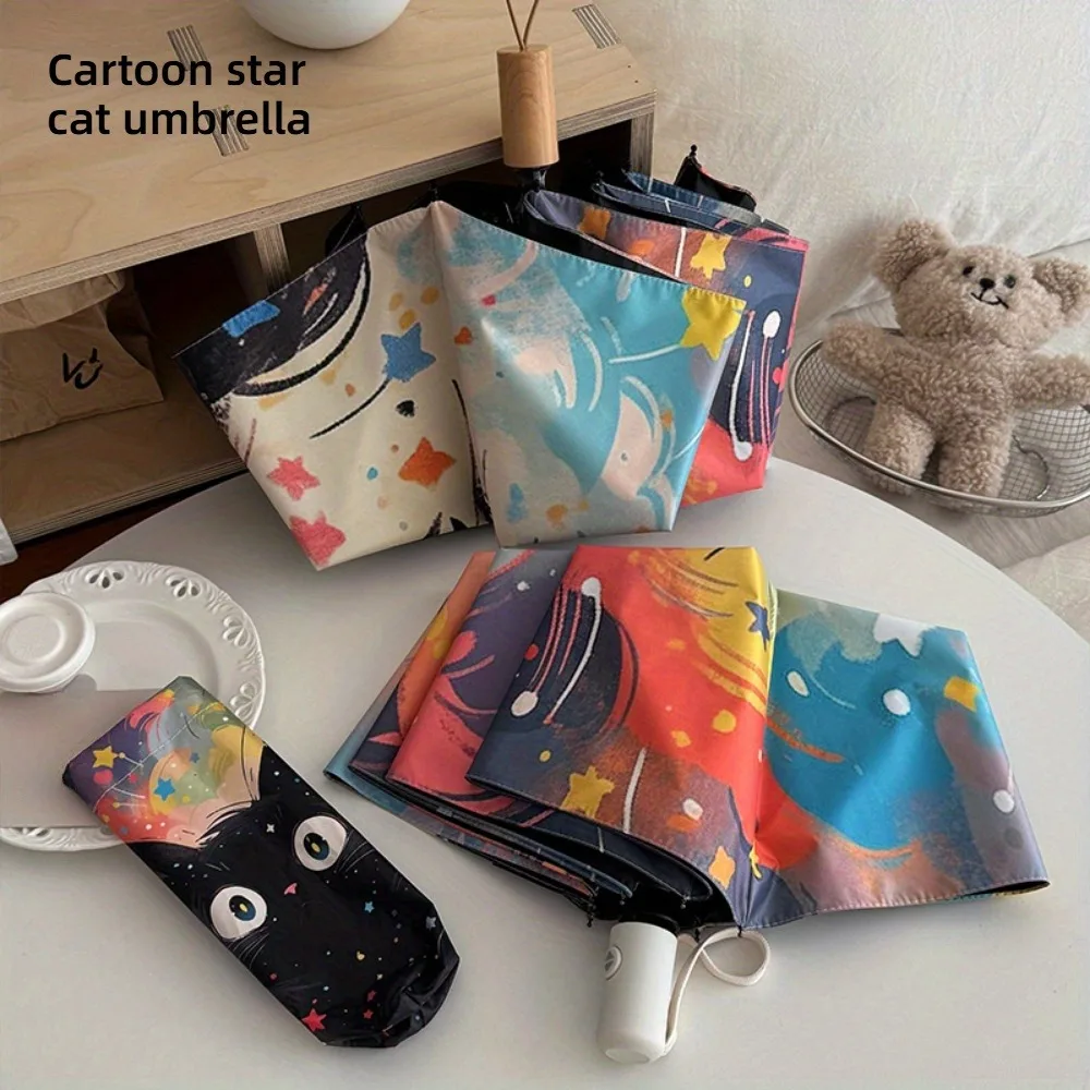 1pc Star Cat Cartoon Umbrella Suitable for Rain Fully Automatic Compact Portable Wind Resistant Ribs