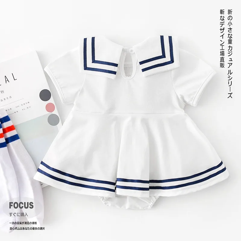 Nuova estate neonata body colletto blu scuro fiocco tinta unita maniche corte collo marinaio tuta infantile abbigliamento neonato H02101 - immagine 2