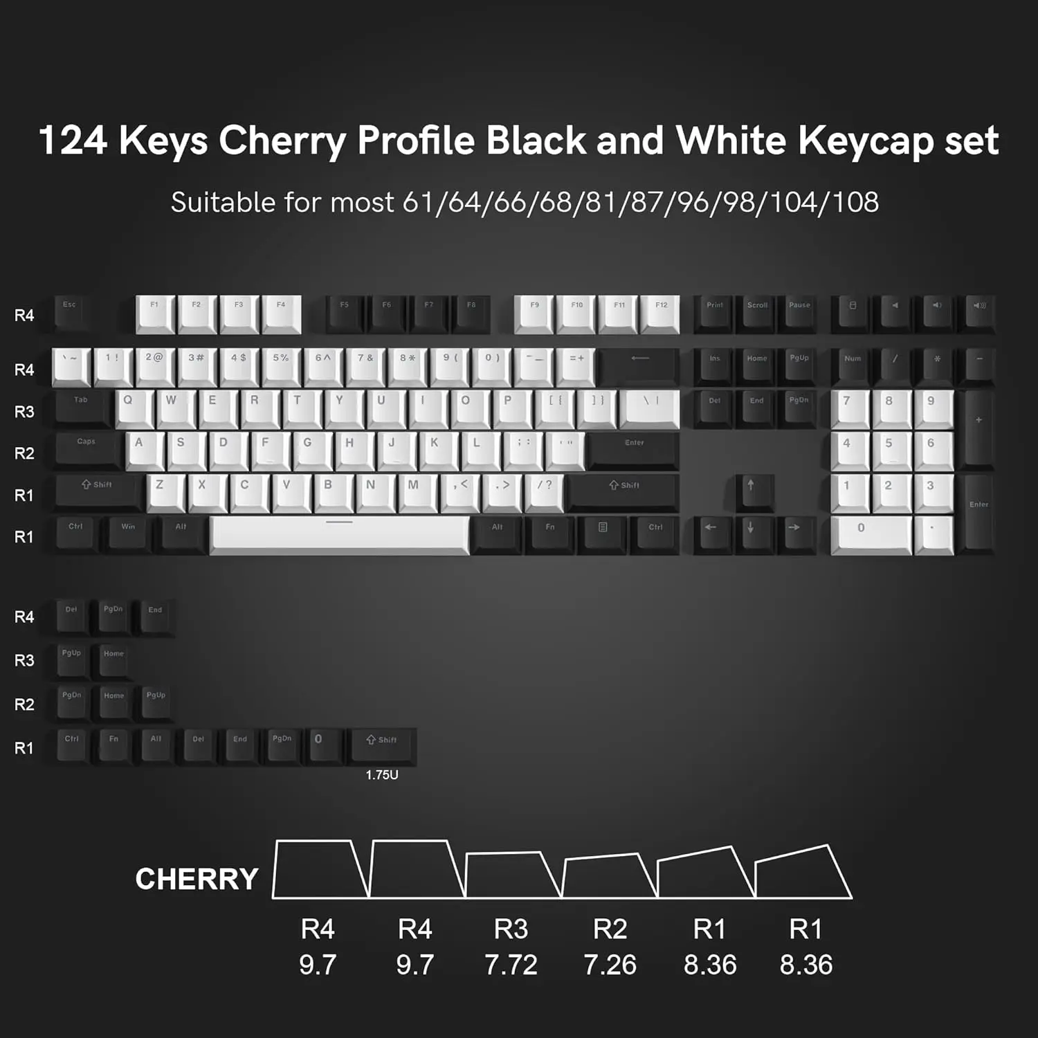 XVX Shine Through 75% 더블 샷 PBT 키캡 124 키 키보드 용 흑백 넓은 호환성 키