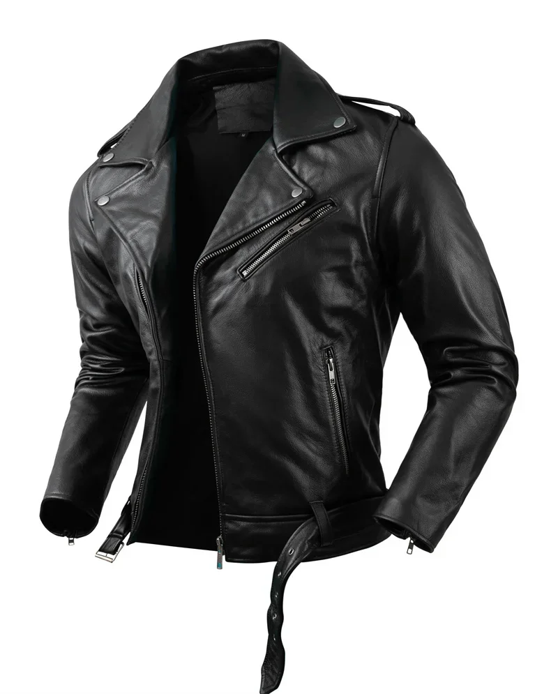 Description Picture 6 of itemGenuine Cowhide Leather Motorcycle Coat Cow Skin Jacket Men Lapel Jackets s Clothing Real