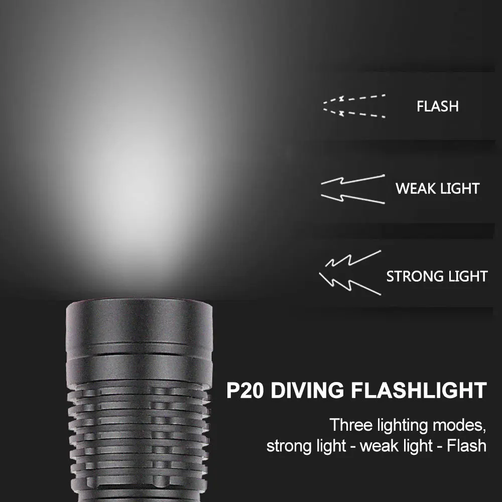 Description Picture 5 of itemMini Portable P20 Diving Flashlight Waterproof Underwater 5W LED Diving Lamp Ultra Bright 3 Light Modes Tactical Torch