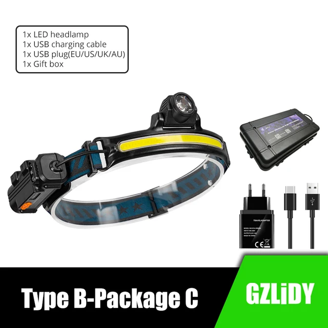 IR Sensor LED Headlamp Powerful XPG+COB Headlight 2000mAh 18650 USB Head Lamp Portable Floodlight Flashlight Waterproof Lantern Type B-Package C