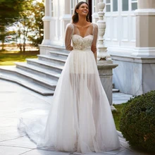 

RANMO Polka-Dot Beach Wedding Dress A Line Long Sleeves Applique Bodice Mini Lining Skirt With Court Train Overlay Bridal Dress