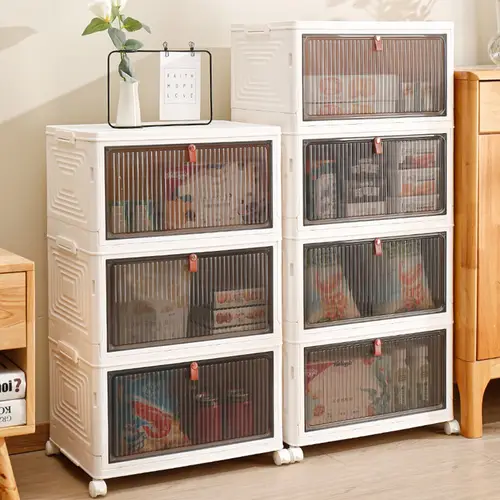 1pc Foldable Classic Style Plastic Storage Box with Magnetic Lid and Smooth Wheels, Multi-Layer Options for Wardrobe - Image 2