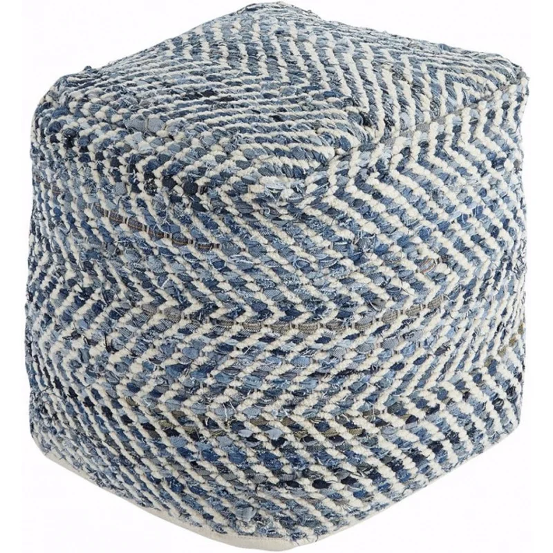 Signature Design by Ashley Chevron Handmade Woven Pouf 18 x 18, Blue and White