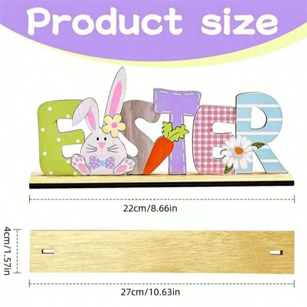 1pc Easter Decorations,Wooden Colored Letter Stand,Cartoon Rabbit Holding Egg Wooden Decor,Thematic Holiday Scenery Props