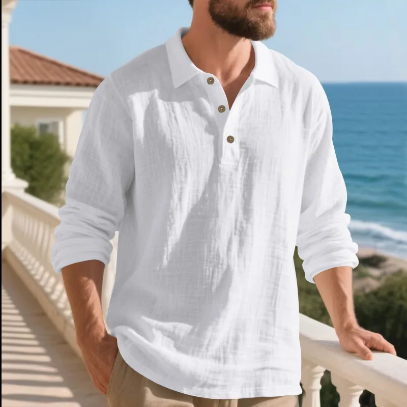Leinenhemd, Stehkragen, Button-Down-Herren-Poloshirt, locker, lässig, atmungsaktiv, V-Ausschnitt, langärmelig