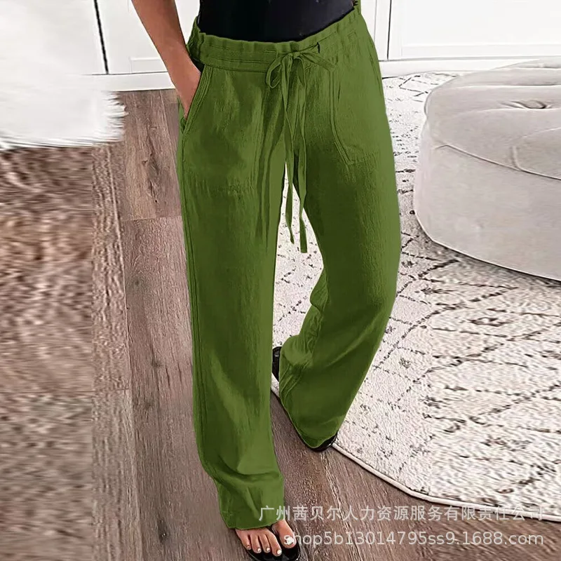 

Casual Pants Women Drawstring Pocket Design 2023 New Summer Tigh High Waist Long Trousers Wide Leg Pants Loose Lace Up Capris