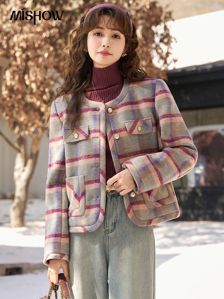 MISHOW Retro Plaid Wool Blend Short Coat Women Winter Round Neck Office Ladies Woolen Jackets New Outerwear Woman MXC52Y0022 kapital vintage non hirata hiroshi stitching knitted japan blue v neck thickened sweaters loose cardigan plaid wool taoist robe