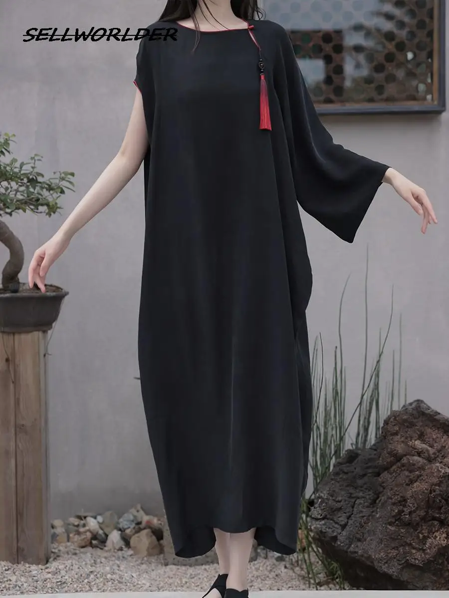 

WOMEN New Asymmetric robe loose Chinese dress Spring Soft loose long black Dress