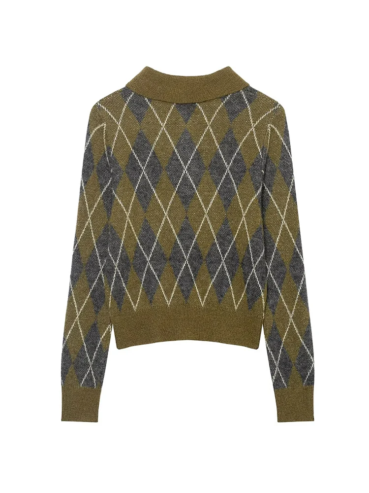 Women's Vintage Argyle Plaid Knitted Tops Causal Polo Collar Pullover Sweater Autumn New Ladies Classic Fashion Knitwear