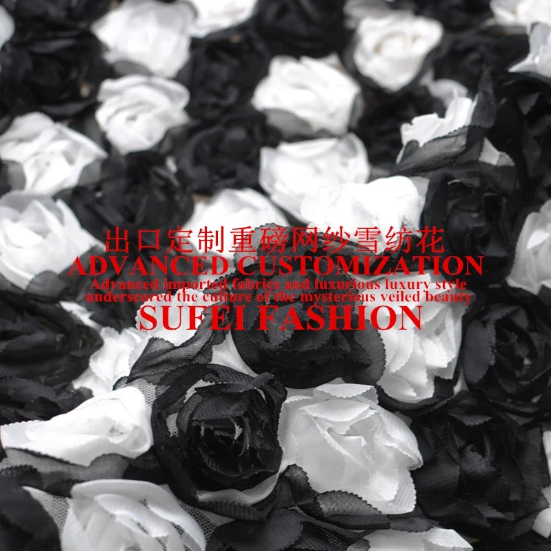 

130cm wide black-white three-dimensional floral chiffon lace fabric for dress jacket clothes S057
