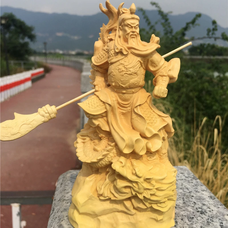 

Boxwood cliff Bai dragon Guan Gong decoration solid wood carving Guan Erye Wu God of wealth home decoration figures statue