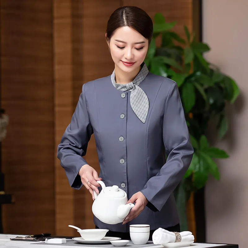 

Waiter Workwear plus Size Women's Hotel Catering Long Sleeve Hot Pot Restaurant Retro National Style Chinese Autumn