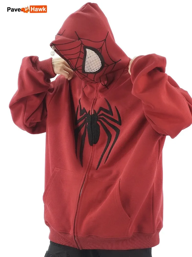 

Hip Hop Spider Web Embroidery Jacket Men Women Y2K Harajuku Full Zip Up Hooded Cardigan Coat Street Autumn Cotton Tops Grunge