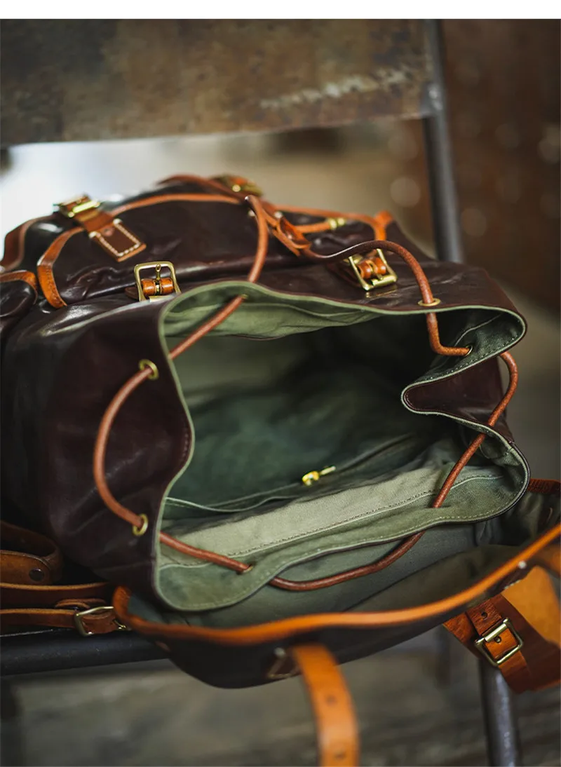 Vintage top quality genuine leather men large capacity backpack outdoor travel designer luxury real cowhide multi-pocket bagpack