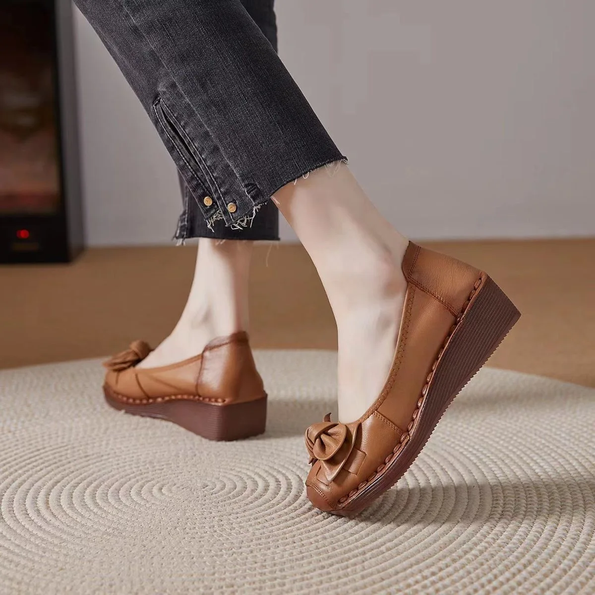 2024 rote Mokassins Retro für Frauen echtes Leder Wohnungen atmungsaktive Loafer Schuhe Damen weiche lässige flache Schuhe – Detail 8