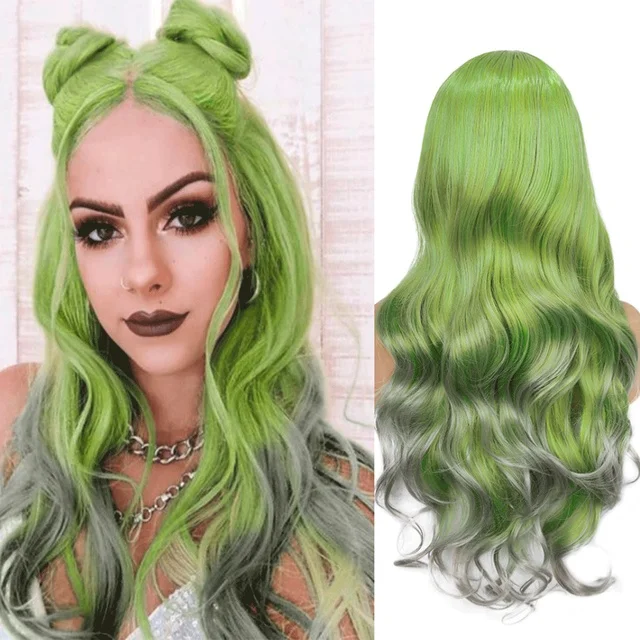 WIGNEE Bluish Light Blue Wig Synthetic Ombre Long Wavy Body Wave Side Part Heat Resistant Natural Hair Wigs For Women Cosplay Green Grey