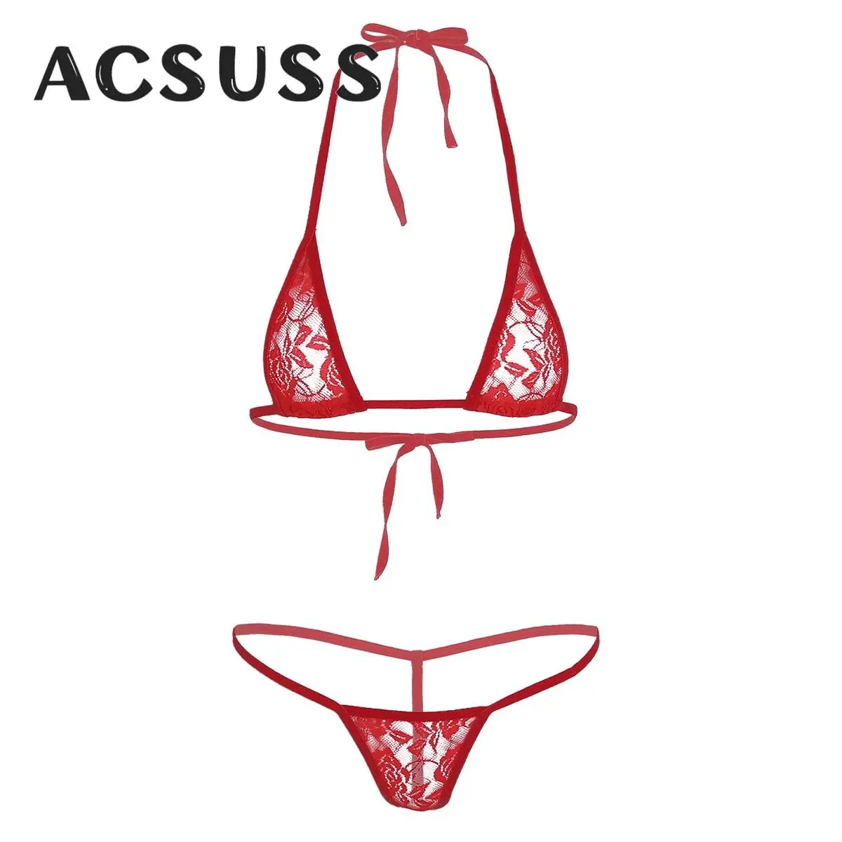 

Women Bikinis Set See Through Tankini Beach Bathing Suit Sexy Lingerie Underwear Floral Lace Sheer Bra Tops with G-String Thongs