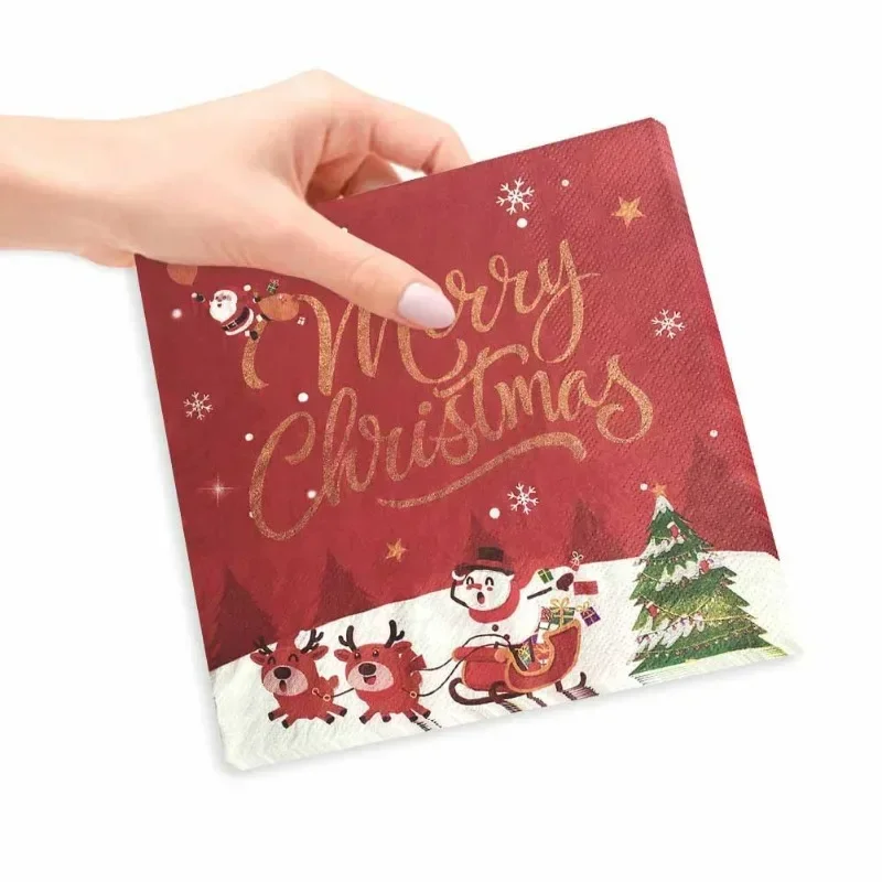 Christmas Party Decoration Paper Gold Merry Christmas Red Napkin Cartoon Elements Wine Glasses Flower Plate Napkin