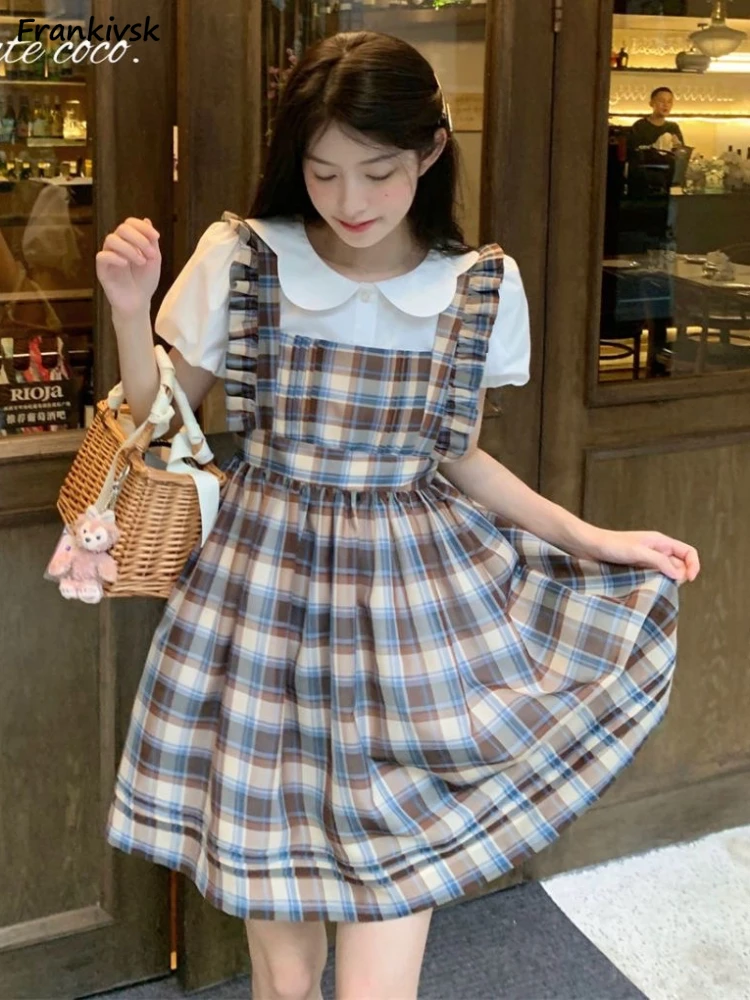 

Клетчатые комплекты платьев для женщин, красивая универсальная модная простая Мини имитация двух предметов, эстетичная популярная модель, летний колледж