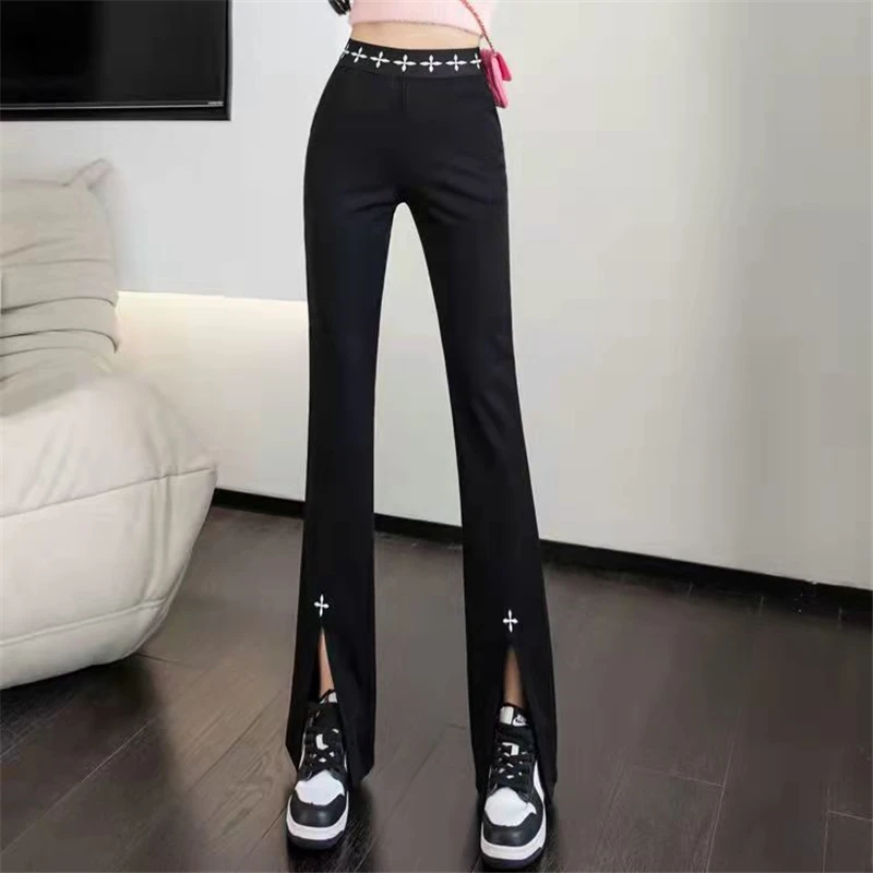 Pantalones acampanados de cintura alta para mujer, pantalón negro ajustado, bordado de calle, elegante, moda coreana, informal, oficina, primavera verano, 4XL _ - AliExpress