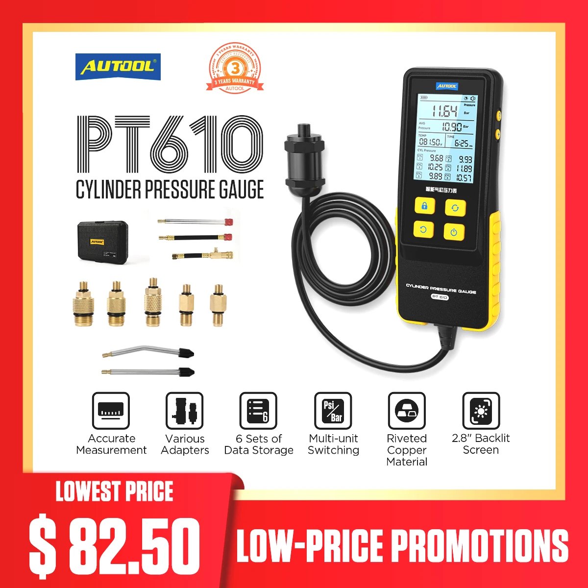 AUTOOL PT610 지능형 실린더 압력 게이지 0-426 PSI 압력 범위 고정밀 다중 단위 자동차 엔진 검사 도구
