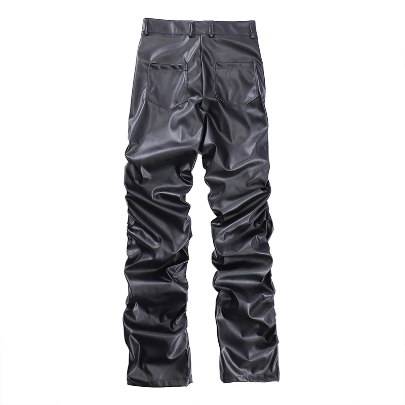 Hip Hop Mens Pleated Pu Leather Pants Harajuku Retro Streetwear Loose Ruched Casual Trousers Straight Solid Color Black Pants 6
