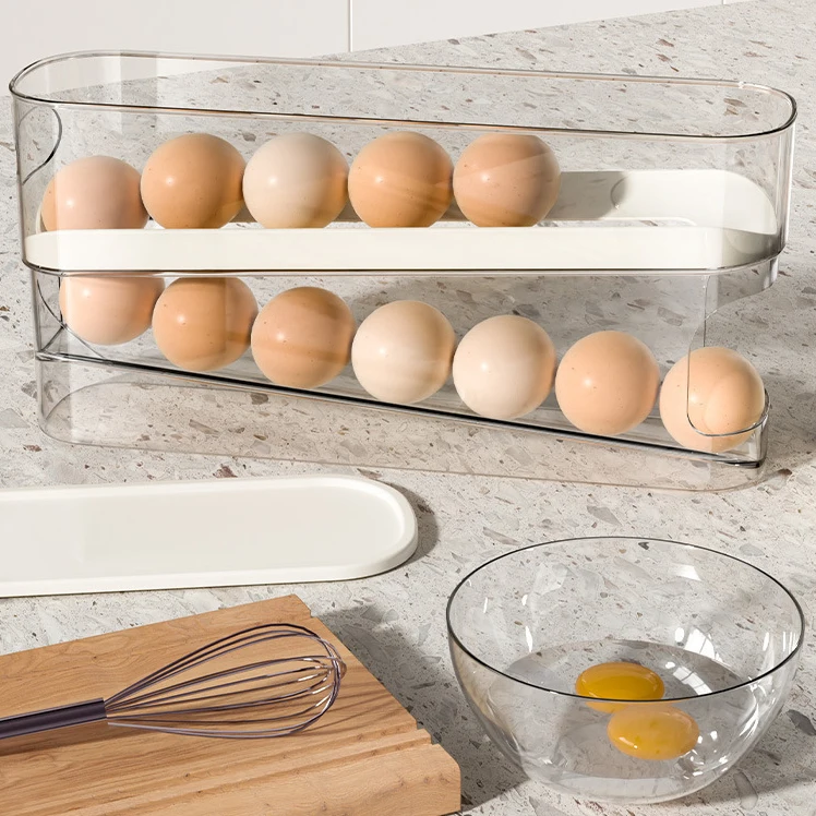 Egg Storage Box Double Layer Fridge Egg Storage Box Automatic Rolling Eggs Holder Rack Ladder Style Refrigerator Dispenser Eggs Organizer Holder
