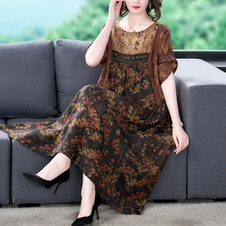 New Fashion Silk Printed Dress Women's Summer Large Retro Versatile Loose Fit Leisure Korean Casual Party Dress Vestidos