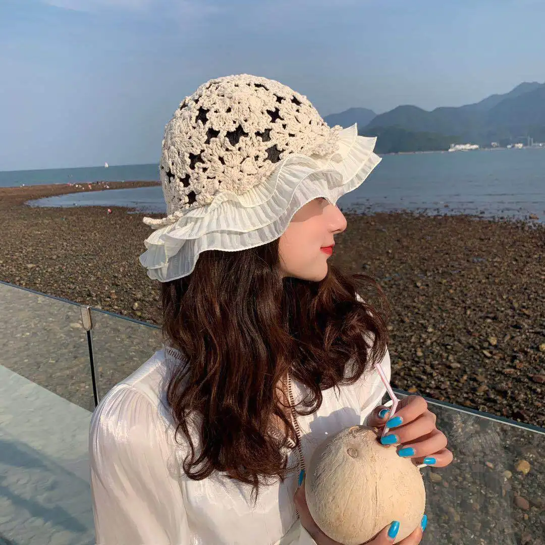 New Women Lace Knitted Bucket Hat  Spring Summer Sunscreen Hollow Fisherman Hat Crochet Beach Caps Sweet Romantic Sun Hat 2022 off white bucket hat