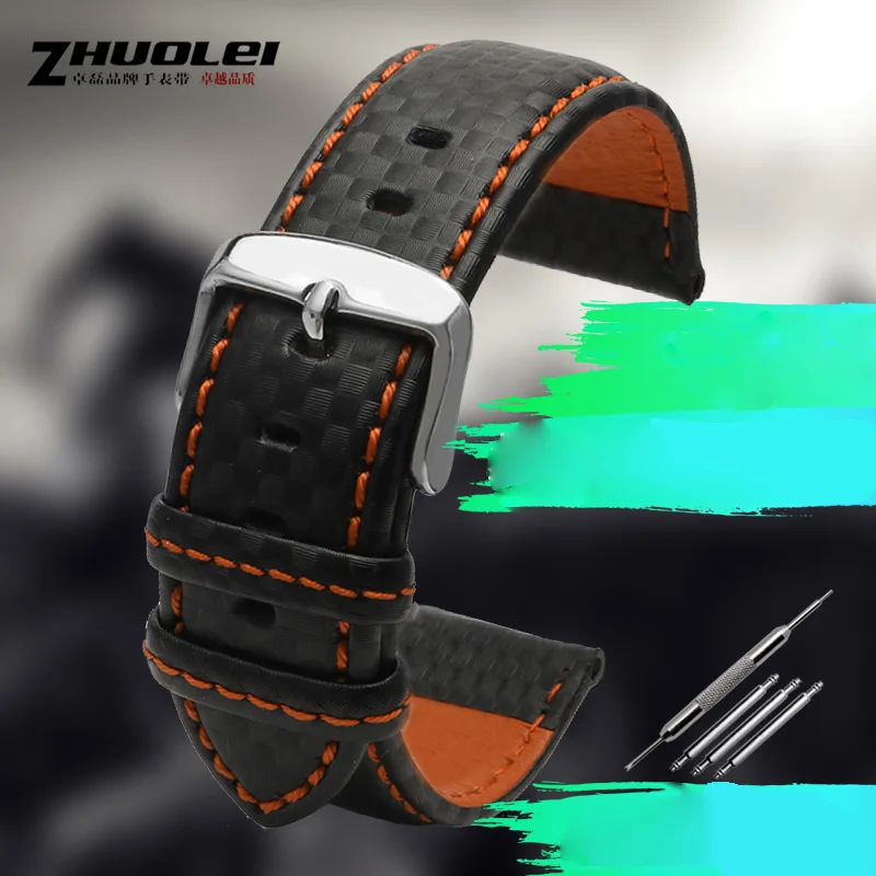 Durable Black Genuine Leather Watchband with Orange Stitching and Silver Clasp