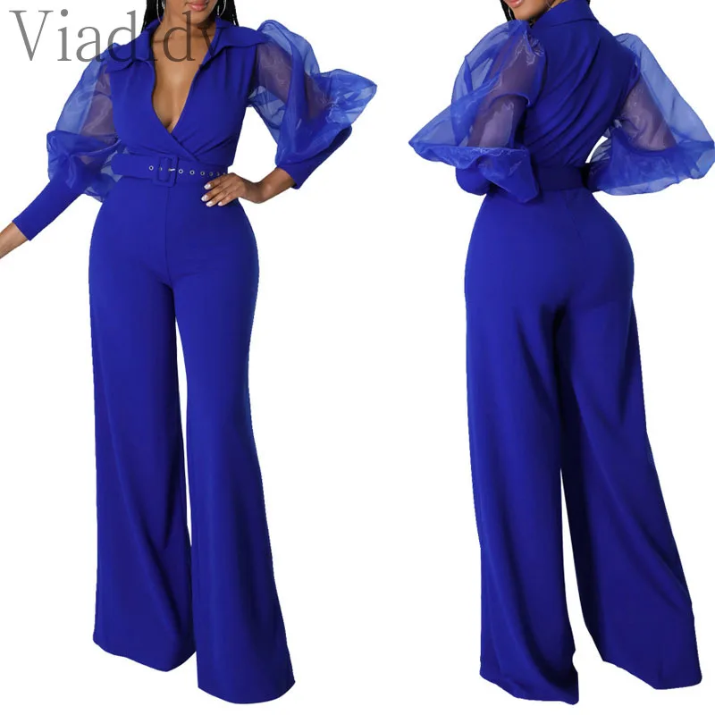 

Women V-Neck Mesh Puff Sleevele Loose Wide Leg Jumpsuit With Belt