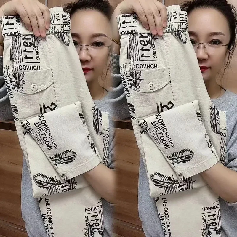 

Casual Pants Women 2023 New Spring Summer Cotton Hemp Straight Pants Ladies Elastic High Waist Wild Ankle-Length Trousers 4XL