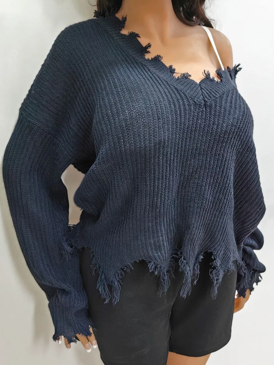 

LW Plus Size Distressed Sweater Dropped Shoulder Raw Edge Sweater Fashion loose V-Neck Vintage women's Sweater top