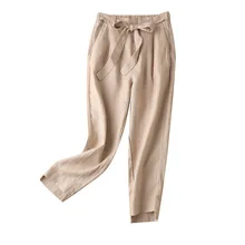 

2022 Pants Women Linen Calf-Length Pants HIGH Waist Harem Pants Spring/Autumn Casual Elastic Waist Solid